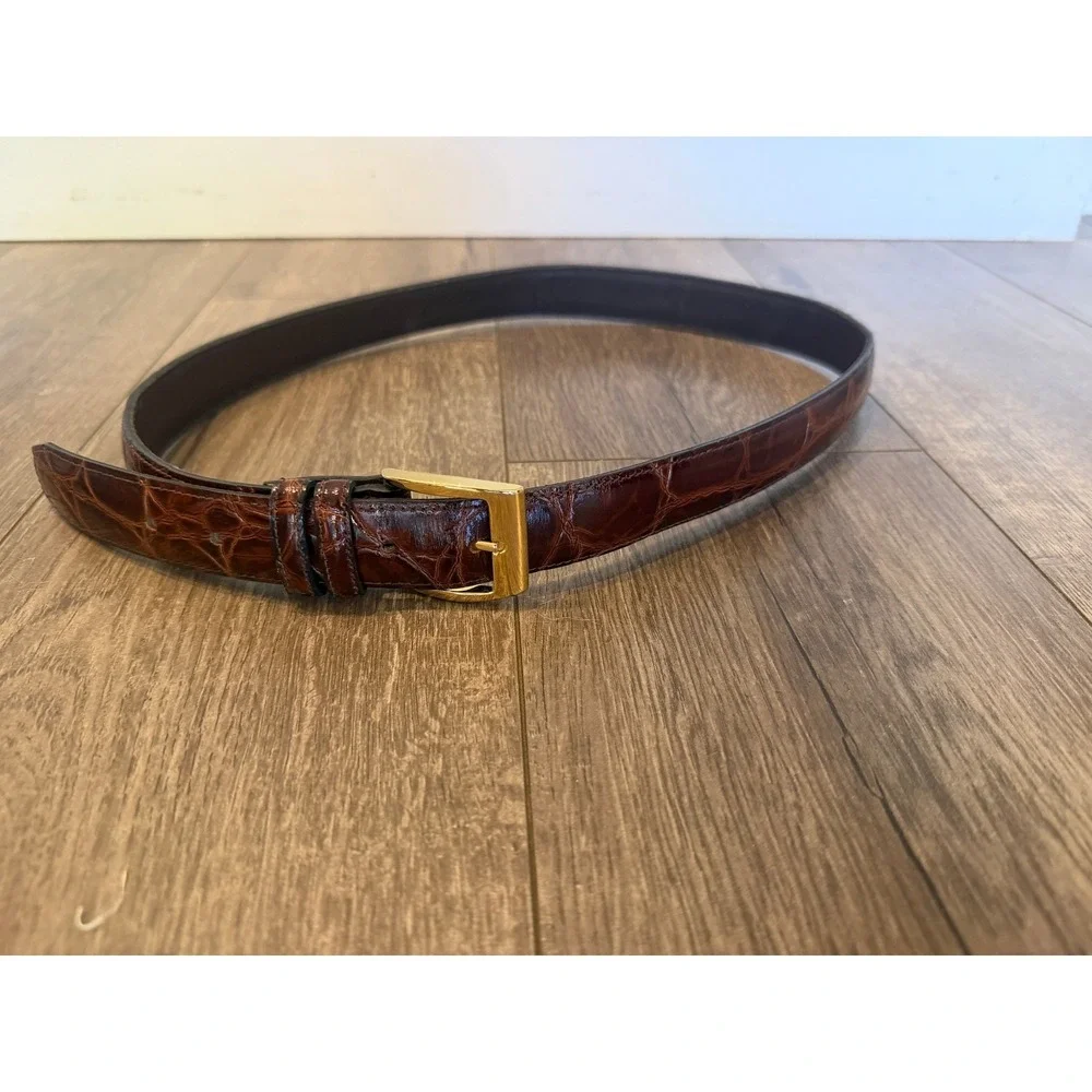 Vintage Brown Croc Embossed Bonded Leather Belt Gold Buckle Made in USA 36/90